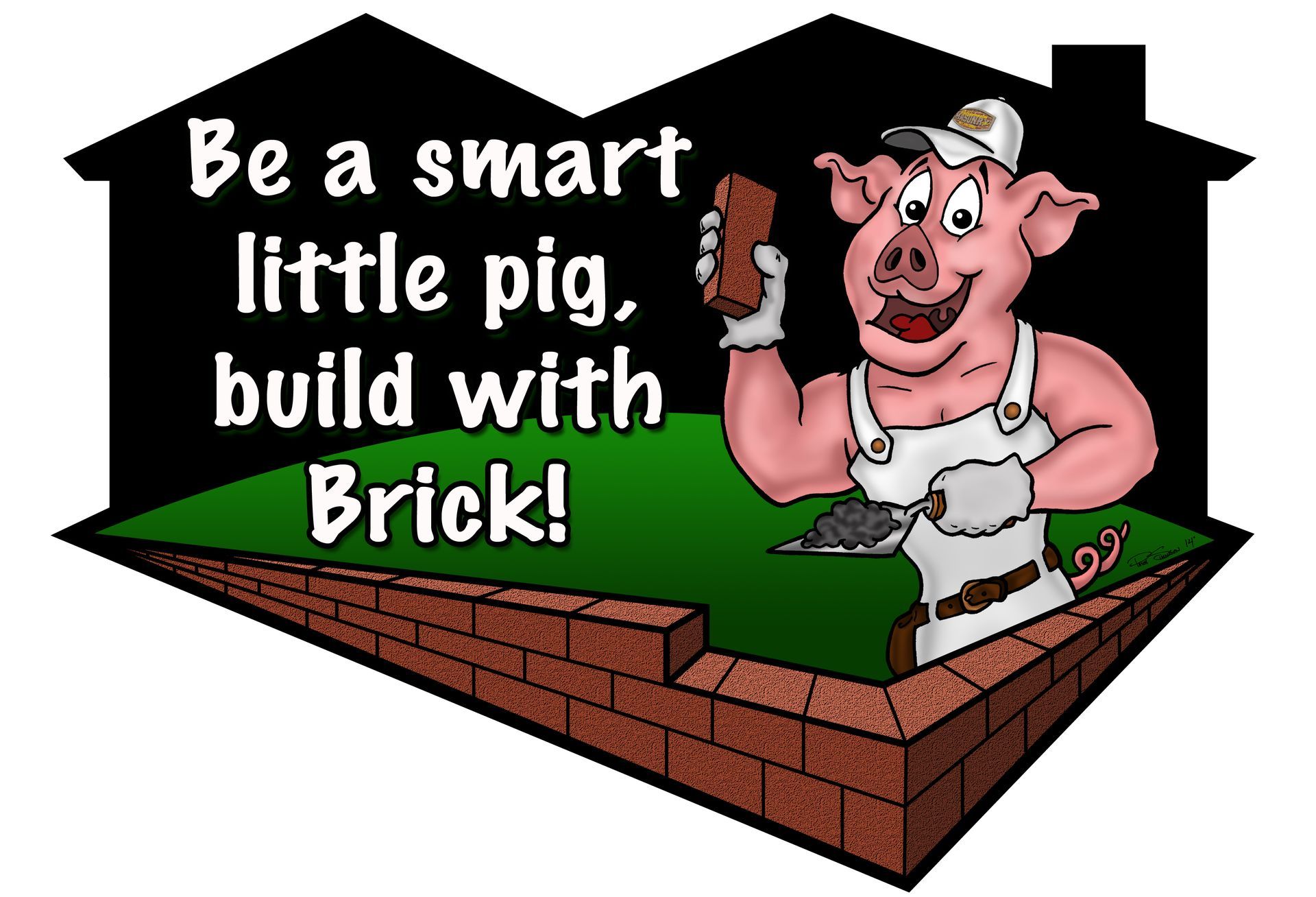 Pig wearing overalls holding brick and trowel, building with brick, surrounded by two house silhouettes, green grass.