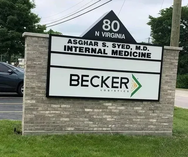 Sign for Asghar S. Syed, M.D. Internal Medicine and Becker Logistics at 80 N Virginia.