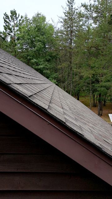 a close up of a roof with trees in the background