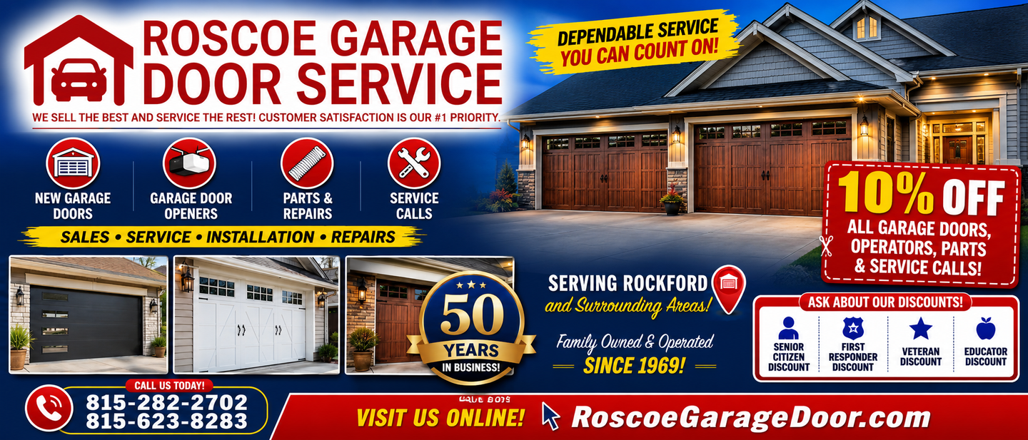 Roscoe Garage Door Service ad with garage doors, services, 10% off offer