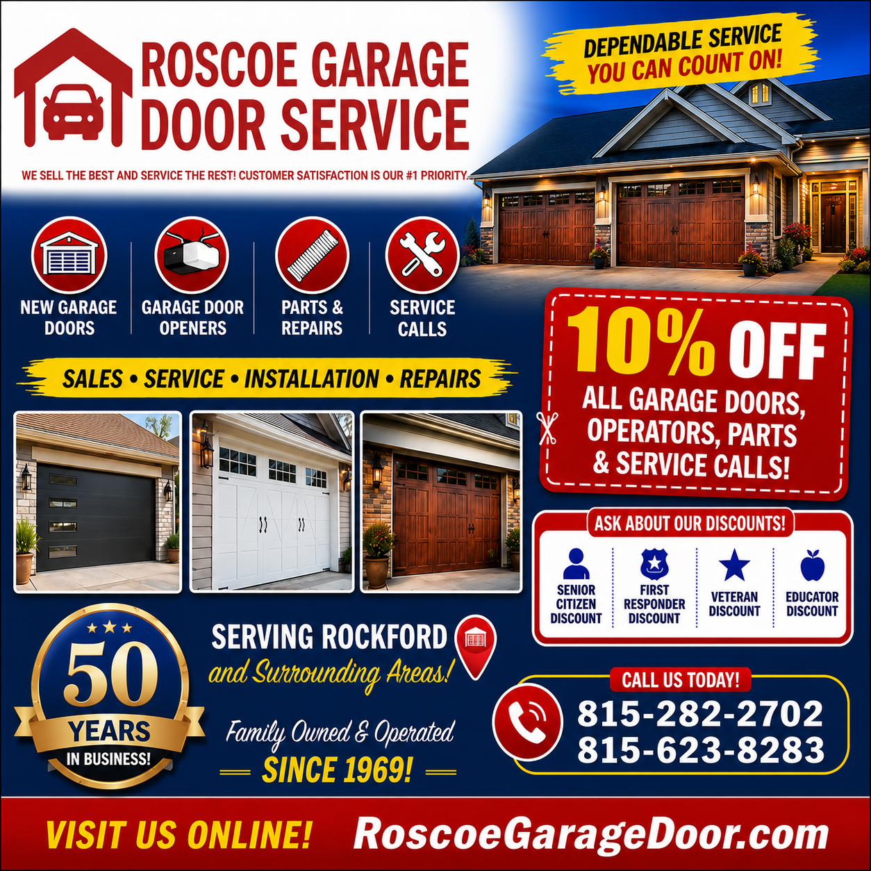 Roscoe Garage Door Service ad with garage doors, services, 10% off offer