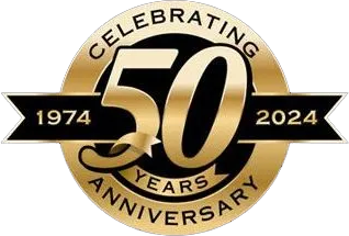 A logo for celebrating 50 years in 1974 and 2024.