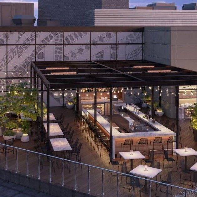 An artist 's impression of a restaurant with tables and chairs