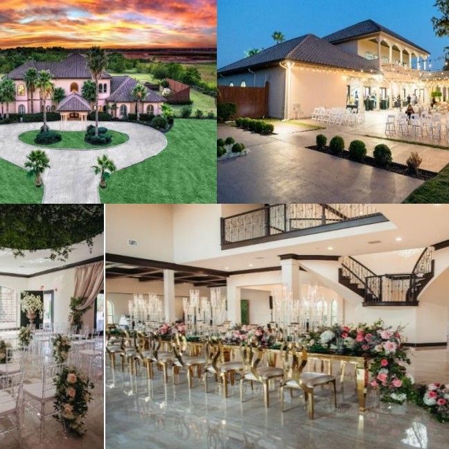 A collage of four pictures of a wedding venue