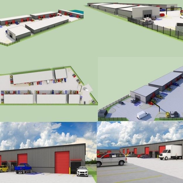 An aerial view of a warehouse with cars parked in front of it
