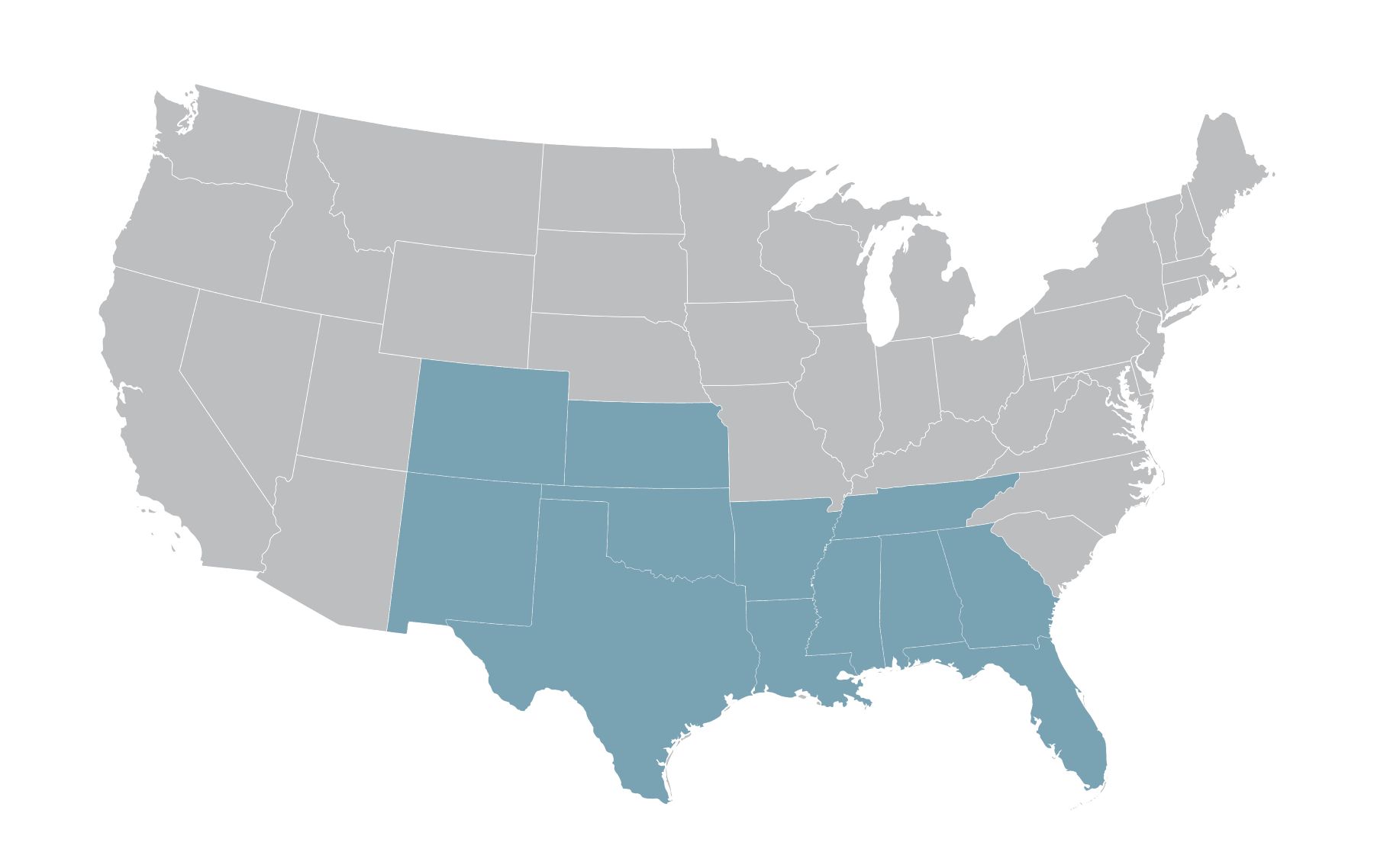 A map of the united states with states highlighted in blue.