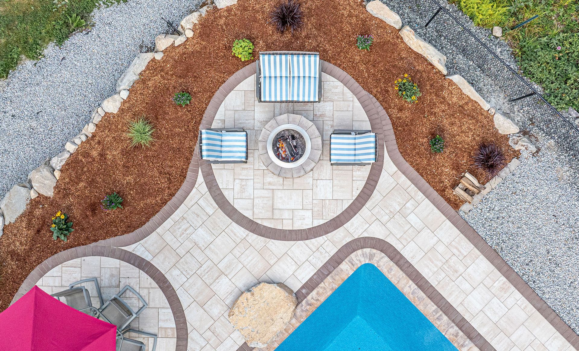 Overhead view of a patio with a fire pit, seating, landscaping, and a pool.