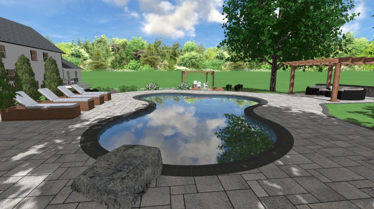 Backyard pool with lounge chairs, stone patio, and pergola structures. Trees and sky reflected in the water.