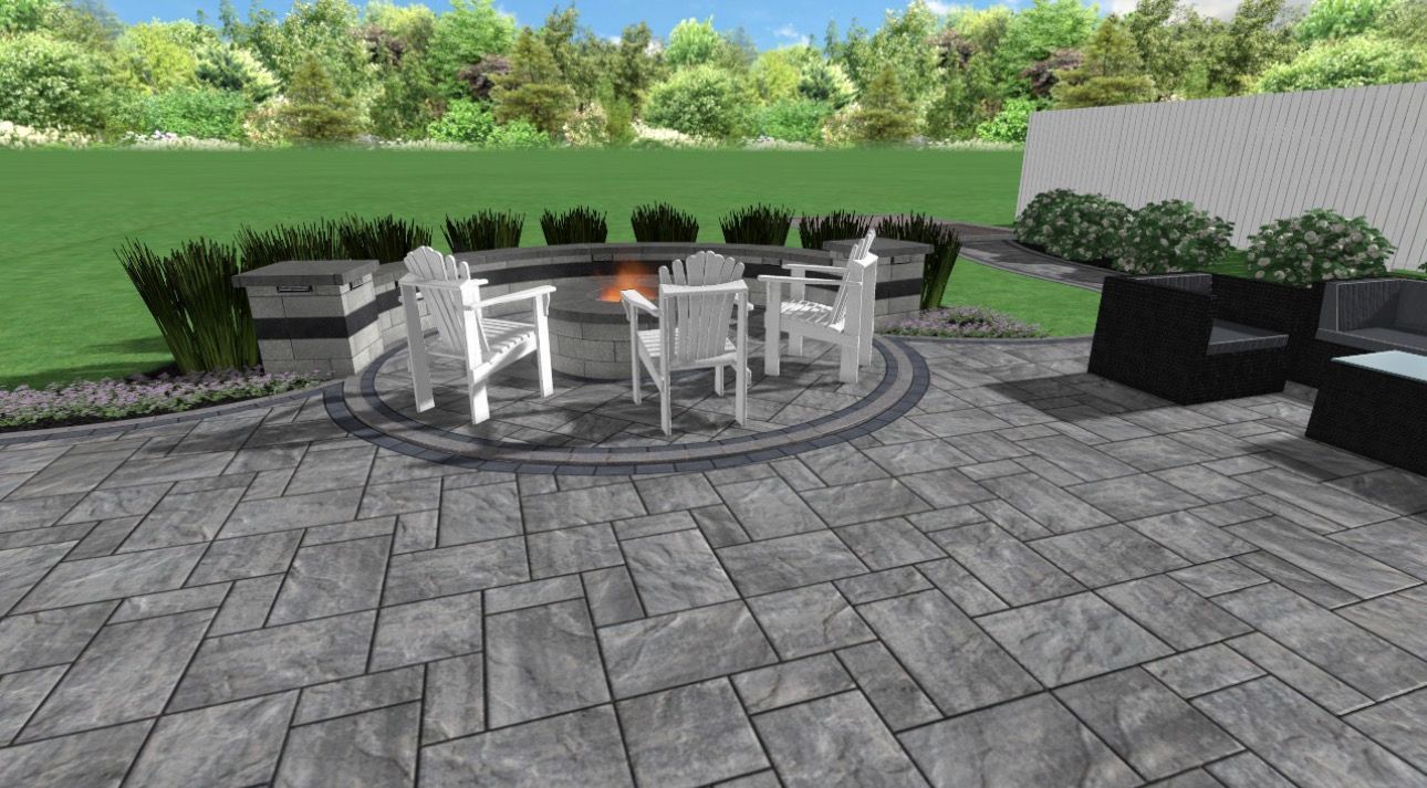 Patio with fire pit, seating, and landscaping. Gray pavers, white chairs, and dark furniture.
