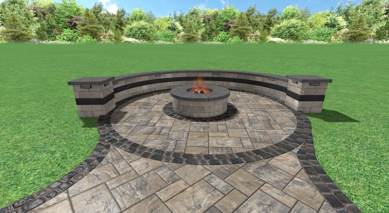Fire pit area with curved seating, pavers, and a green lawn.