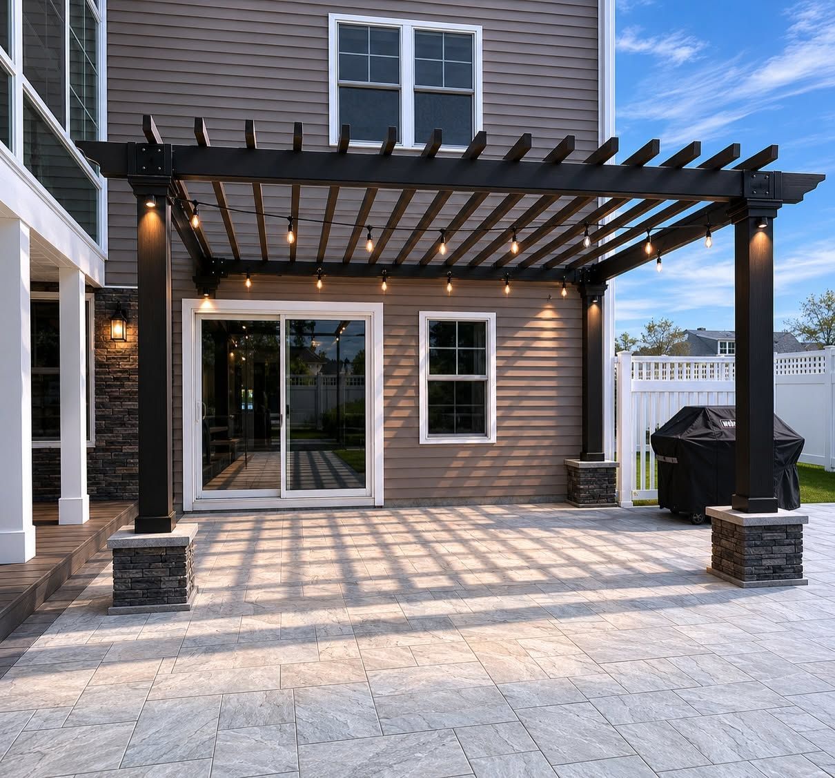Back patio with dark wood pergola, sliding glass doors, and brick paver flooring at dusk