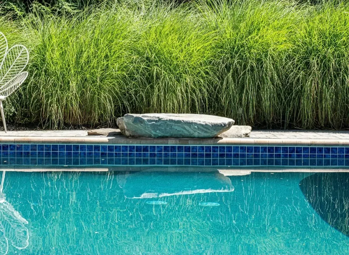 Swimming pool with blue tiles, stone border, large rock, and green grasses.