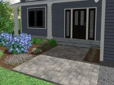A house entrance with a stone pathway, landscaping, and a dark front door.