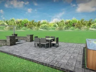 Patio with table, chairs, hot tub, and outdoor kitchen on a sunny day.