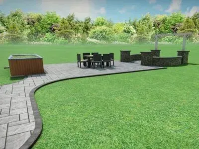 A backyard patio with a hot tub, dining set, and pergola, all set on a stone paved area surrounded by green grass and trees.