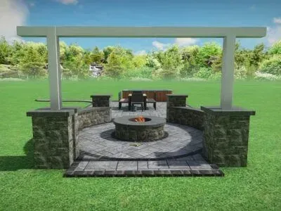 Outdoor patio with a fire pit, seating, and overhead pergola in a grassy area.