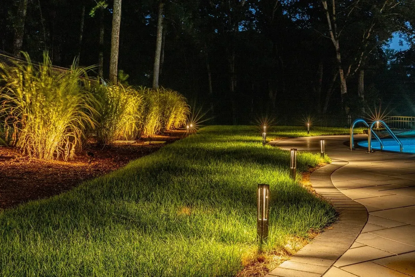 Lit landscaping at night: grass path, pool, and illuminated tall plants.