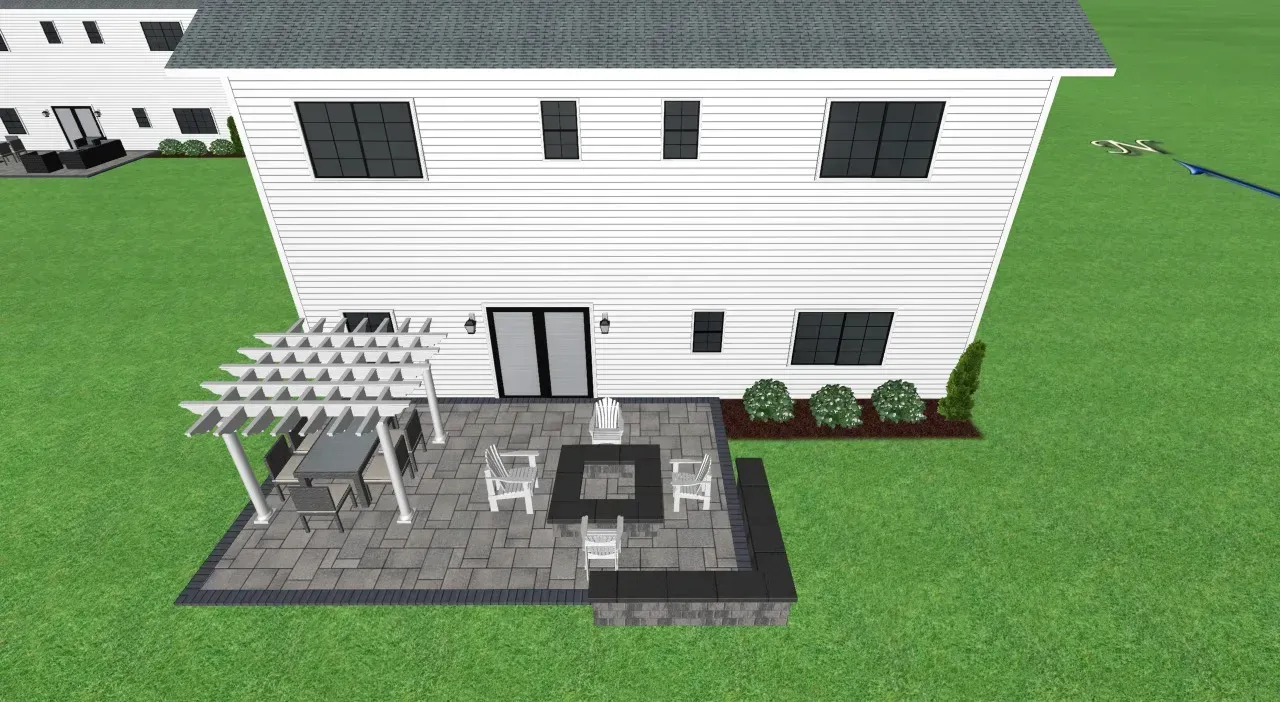 Backyard patio rendering with pergola, fire pit, seating, and landscaping.