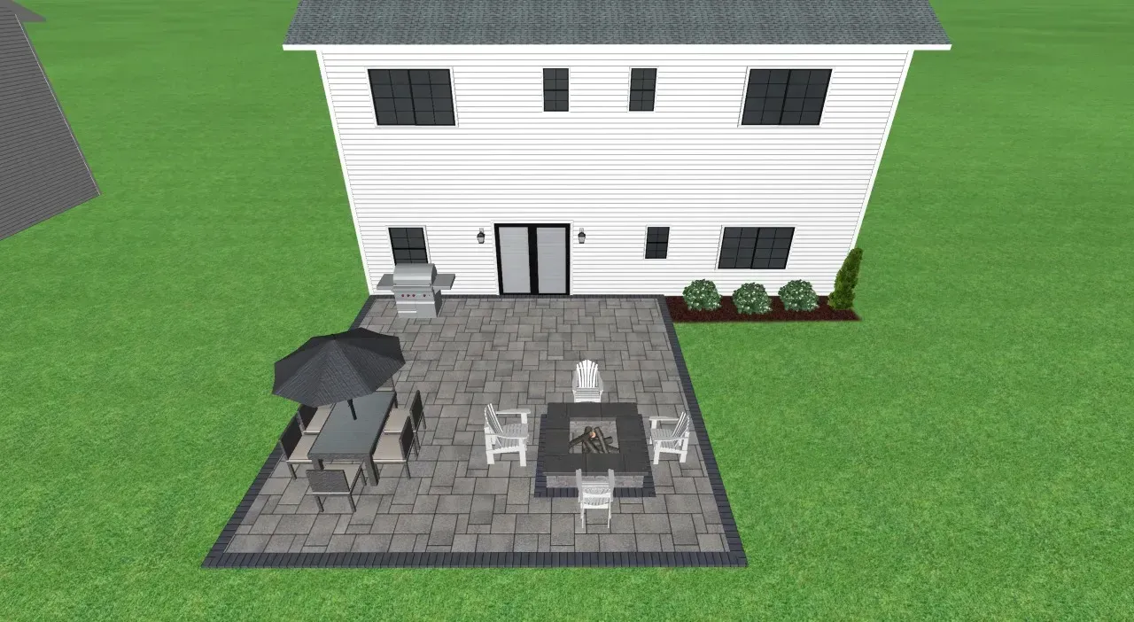 Backyard patio with fire pit, grill, and dining set in front of a white two-story house.