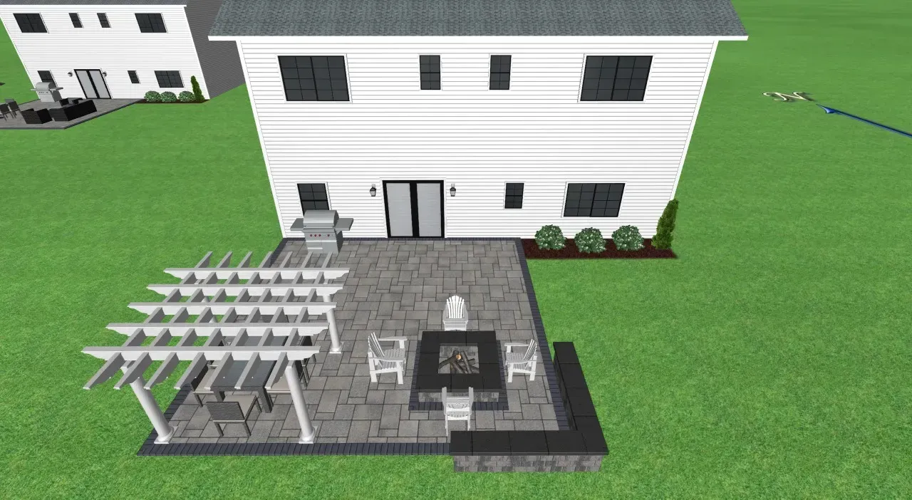 Backyard patio with pergola, seating, fire pit, grill, and two-story white house.