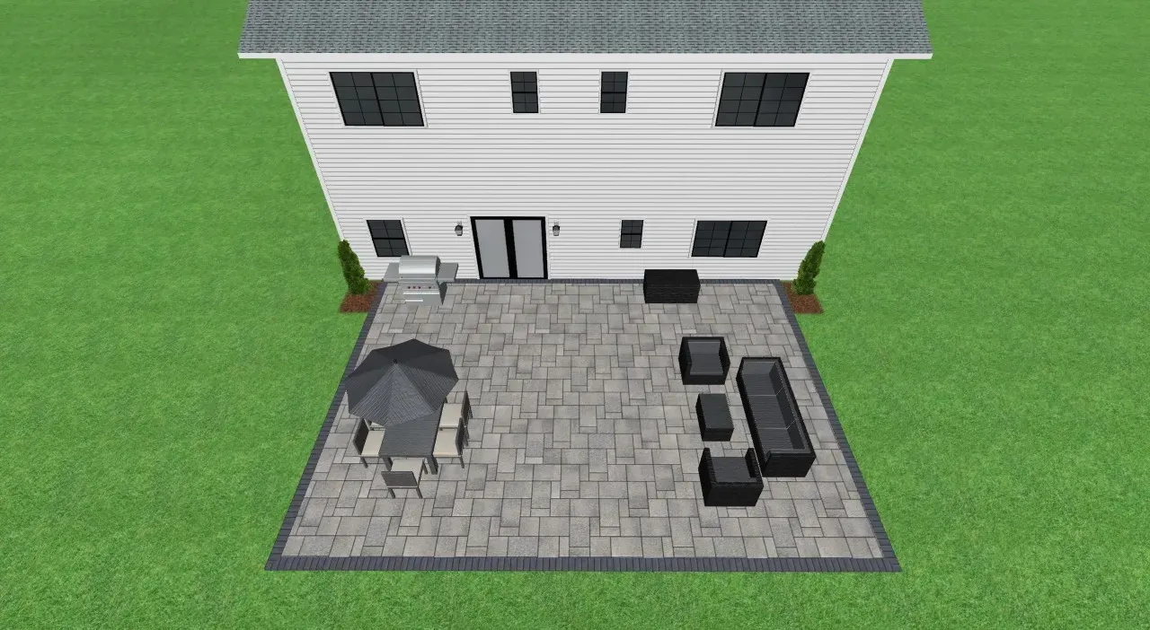 Backyard patio with outdoor furniture, gray pavers, and a white house with black trim.