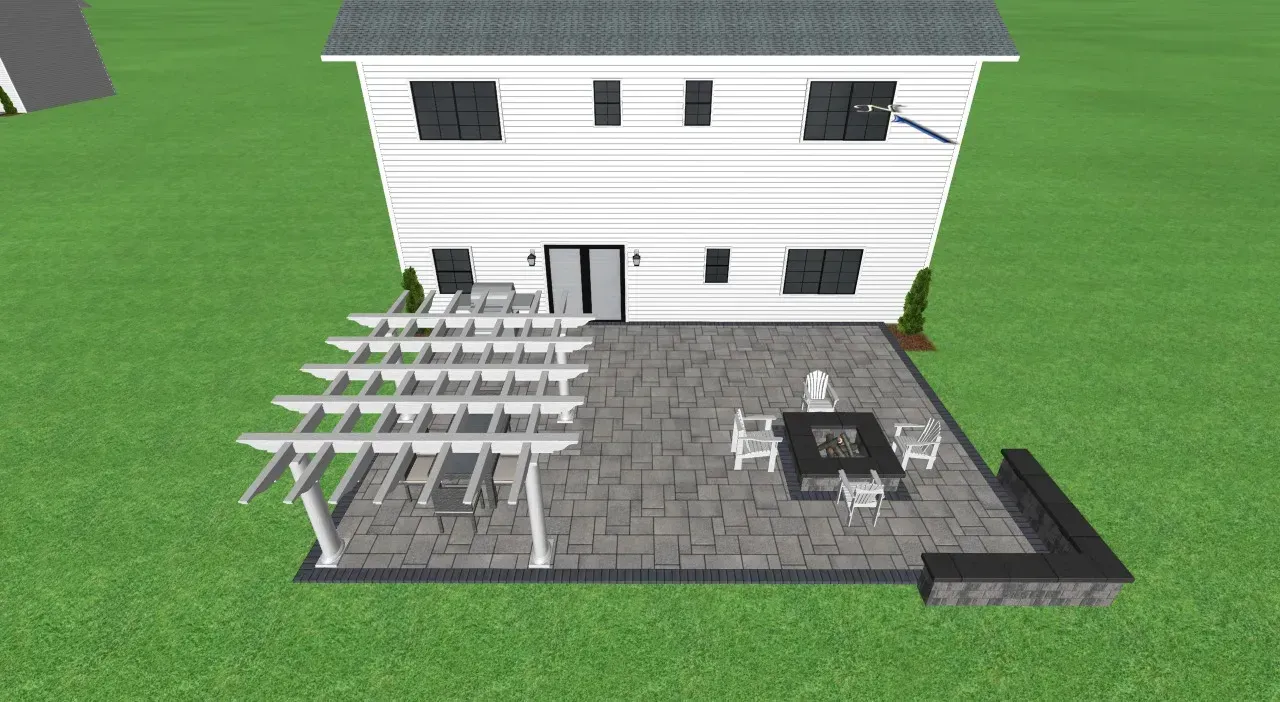 Backyard with white house, patio, pergola, fire pit, and stone paving.