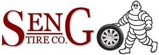 Seng Tire Co. logo with red text, a tire wheel, and a cartoon tire mascot on a white background