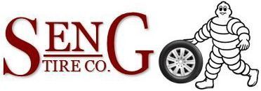 Seng Tire Co. logo with red text, a tire wheel, and a cartoon tire mascot on a white background