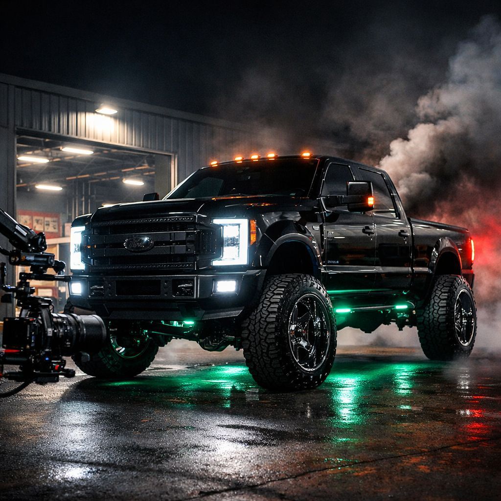 Black lifted pickup truck with neon underglow and smoke outside a dim garage at night