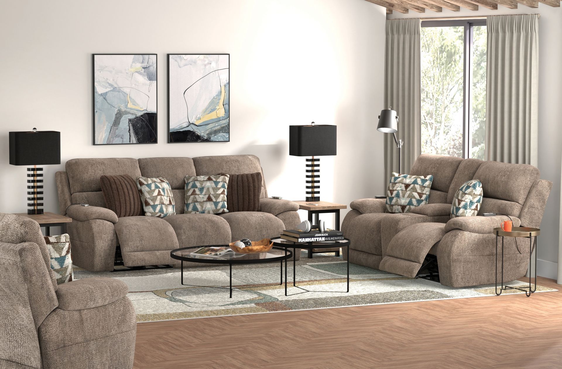 Cozy living room with taupe sectional, armchair, lamps, abstract wall art, and large window.