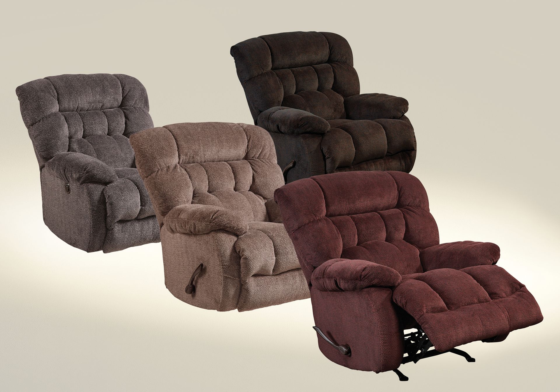 Four upholstered reclining chairs in gray, taupe, brown, and burgundy arranged on a plain background.