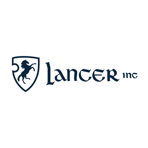 Lancer Inc logo with a navy shield and horse emblem beside stylized text on a white background