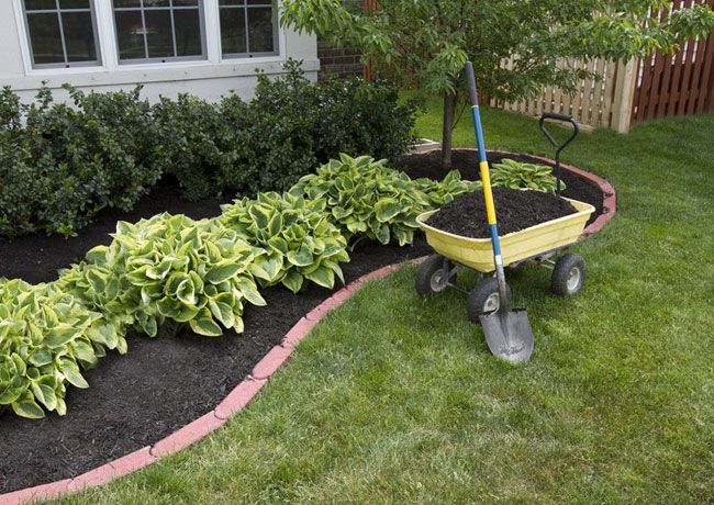 A yellow wheelbarrow filled with dirt next to a shovel in a garden.