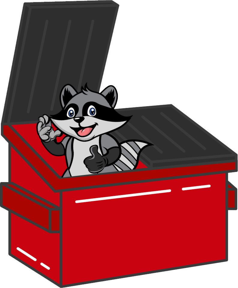 A raccoon is sticking its head out of a red dumpster and giving a thumbs up.