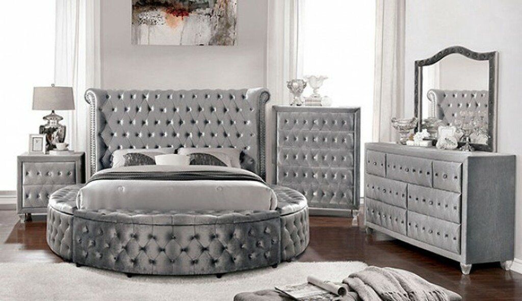 gray tufted bed set