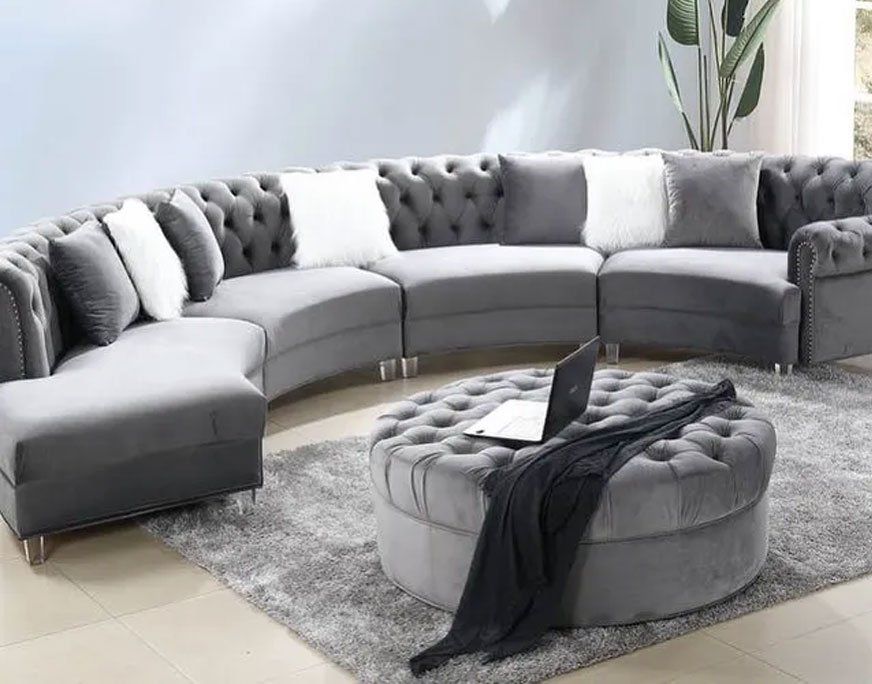 Gray velvet tufted curved sectional