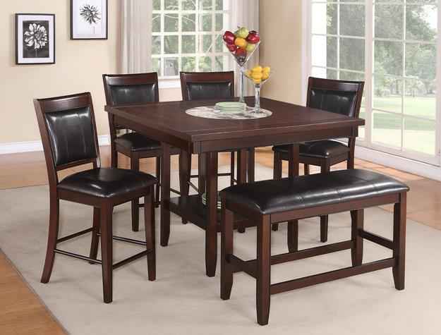 brown table dining set with 4 chairs and a bench