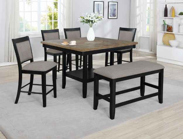 wood top table dining set with 4 black chairs and bench