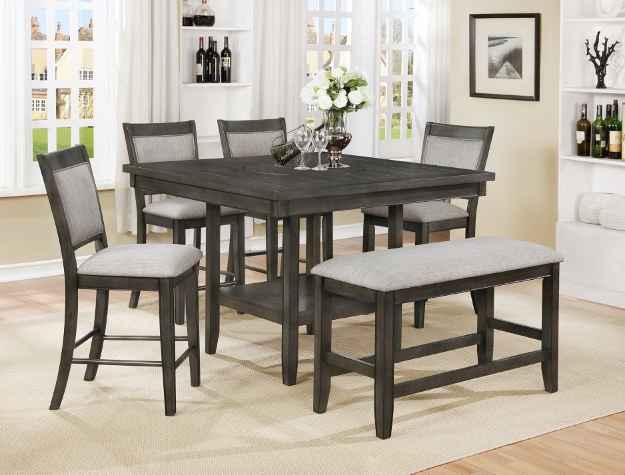 wood top table dining set with 4 gray chairs and bench