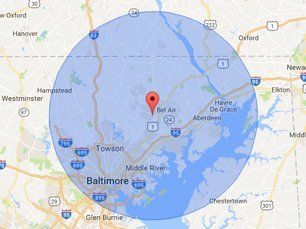 Radius map - 25 miles around Fallston, MD