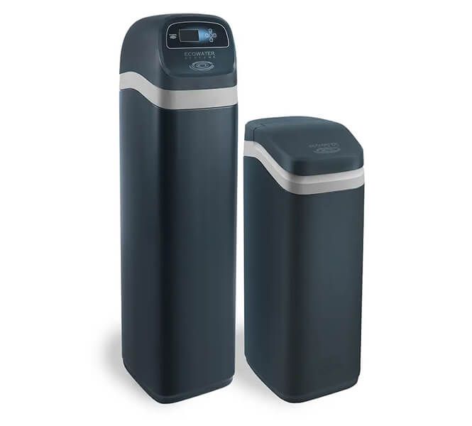 Two water softener tanks, dark blue with white trim.