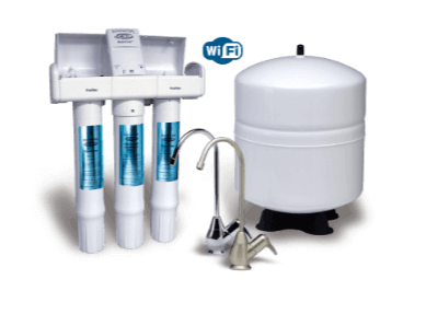 White reverse osmosis water filter system with Wi-Fi, and a pressure tank. Includes faucets.