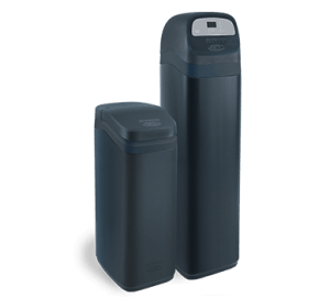 Two blue water softener tanks; one tall, one short.