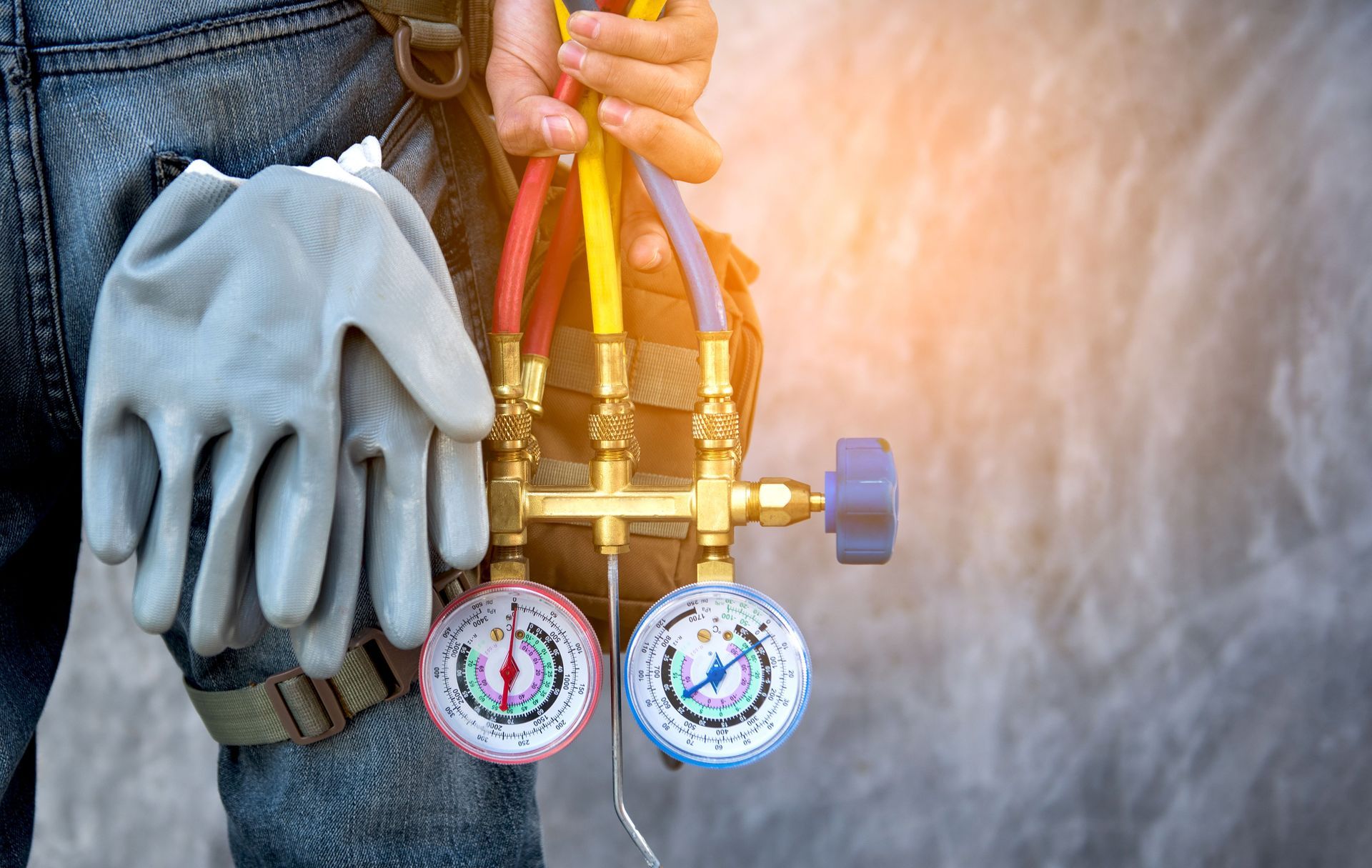 HVAC technician holds gauges, connected to red, yellow, and blue hoses. Grey glove in belt loop.