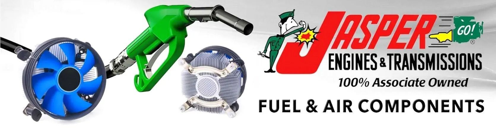 Banner for Jasper Engines & Transmissions with fuel pump, engine fan, and tagline 