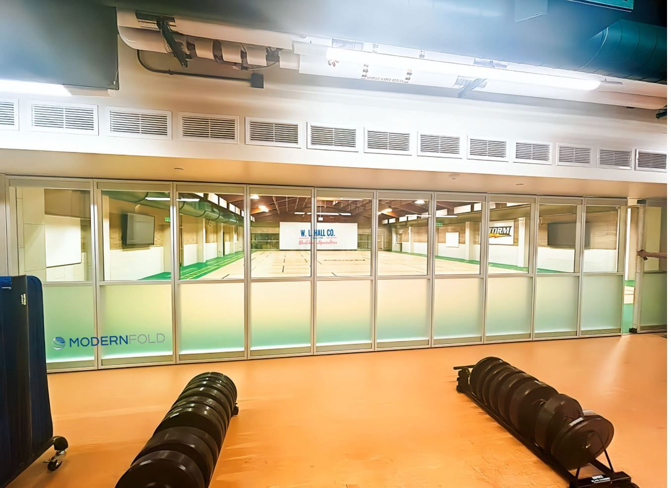 Modernfold Acousti-Clear Glass Wall Partitions for Sauk Rapids-Rice Middle School New Pickleball Courts w l hall company 3