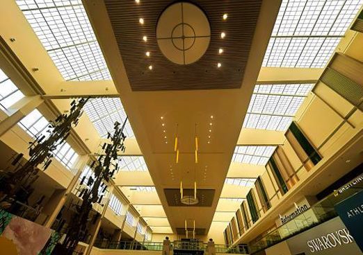 Bright indoor mall corridor with skylights, hanging plants, and storefronts along both sides