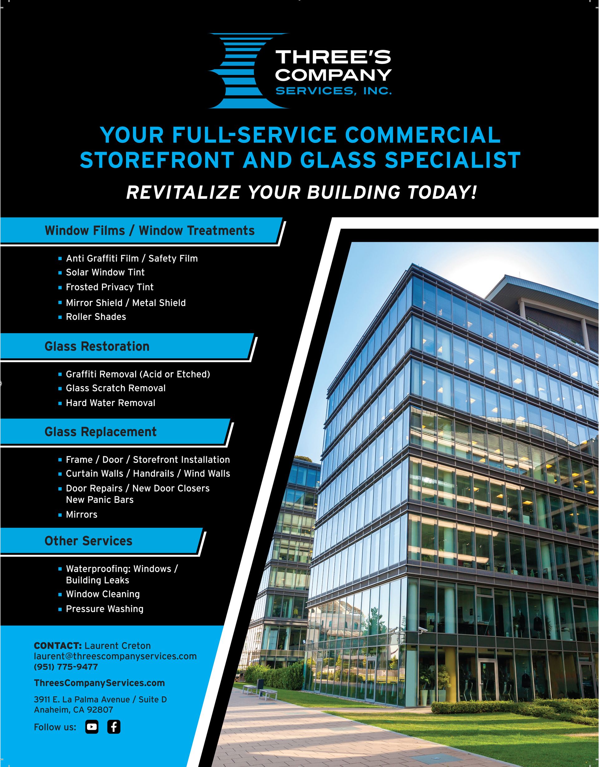 Flyer for Three's Company Services, Inc., a commercial storefront and glass specialist, featuring a modern glass building and a list of services.