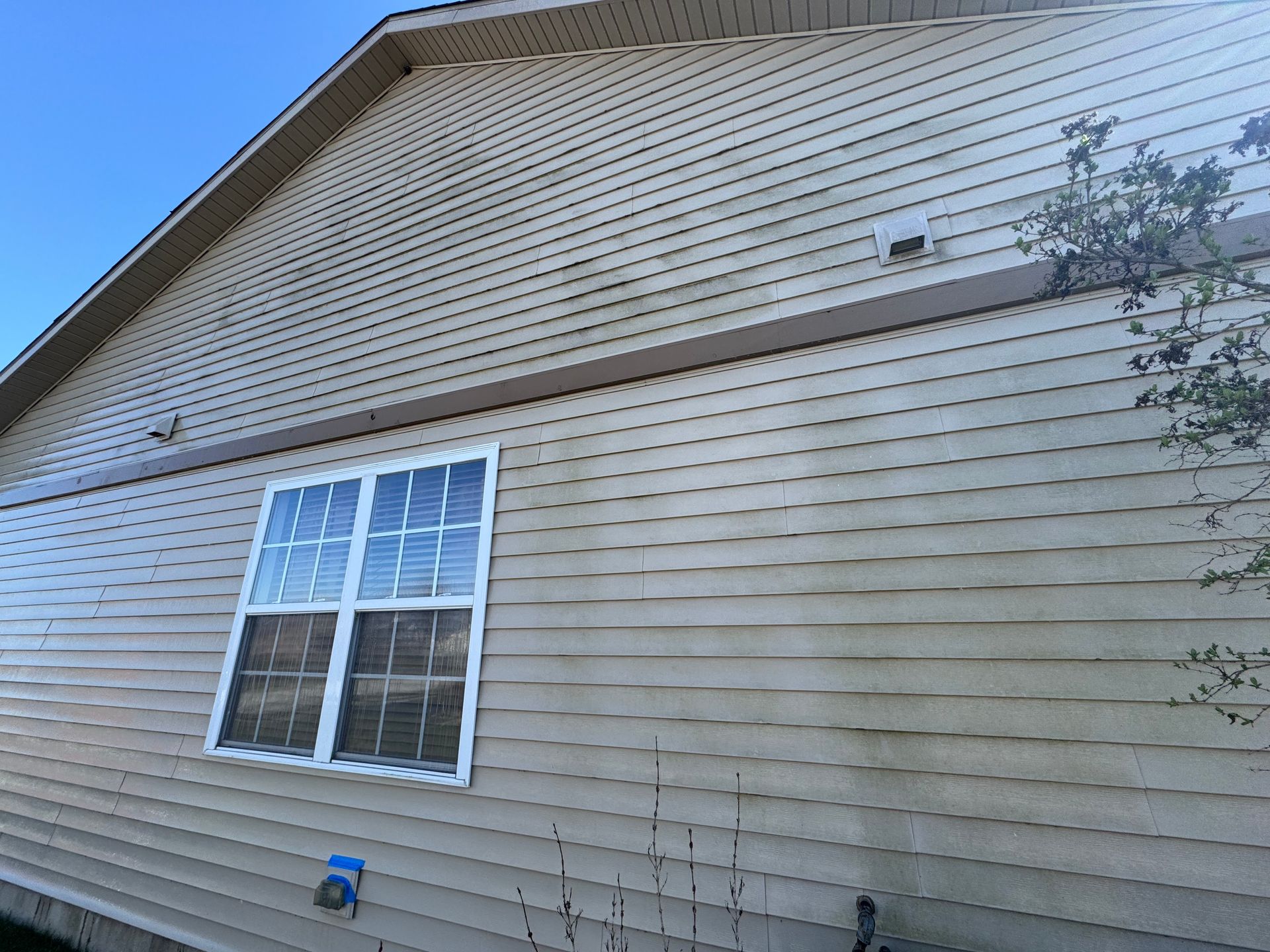 Beige siding on a house with a window, visible trim, and the start of some greenery against a blue sky.
