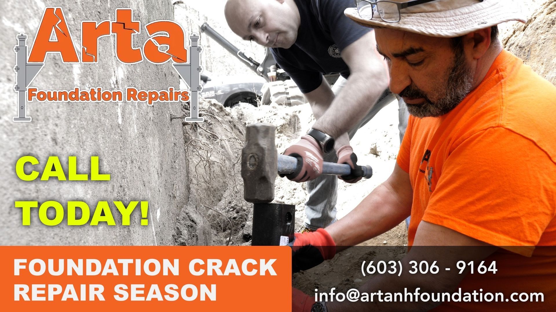 Two workers use a sledgehammer to repair a concrete foundation for Arta Foundation Repairs. Includes phone and email contact.